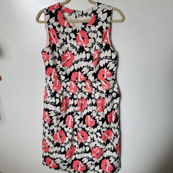 14P Ann Taylor PETITE 14 FLORAL SHEATH DRESS Coral Black White Like New - Picture 2 of 6